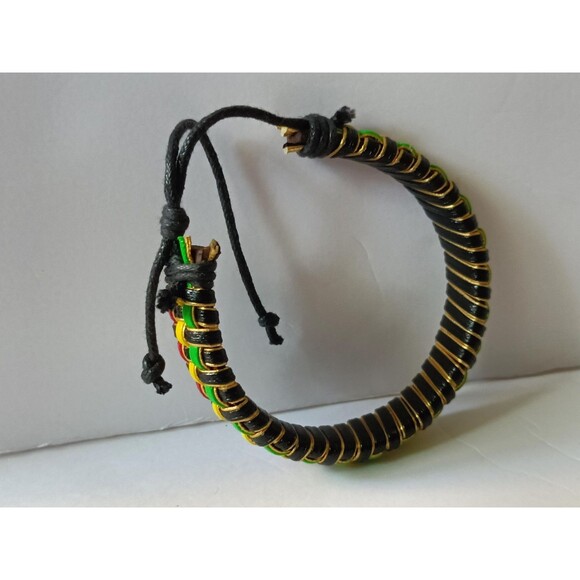 Leather Jamaica Bracelet Brown Woven Adjustable Unisex - Picture 2 of 3